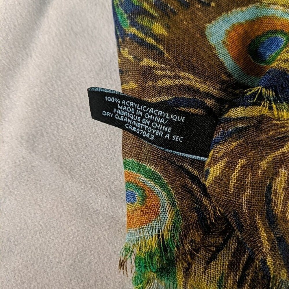 Cynthia Rowley Peacock Print Scarf Fringed Hem Loose Lightweight Fall Woven Bird - Picture 4 of 9